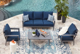 Gali Gray/Blue Outdoor Sofa/Chairs/Table Set (Set of 4) from Ashley - Luna Furniture