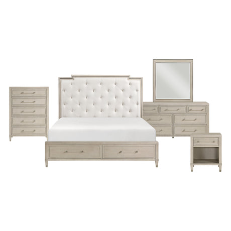 Genoa Light Oak 5-Piece Queen Upholstered Storage Platform Bedroom Set (QB+NS+DR+MR+CH) from Homelegance - Luna Furniture