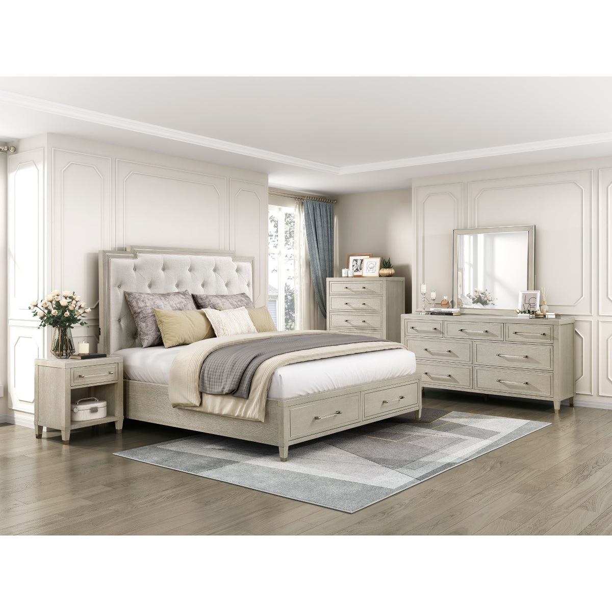 Genoa Light Oak Upholstered Storage Platform Bedroom Set – Luna