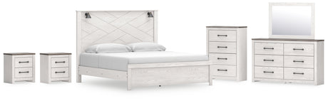 Gerridan King Panel Bed with Mirrored Dresser, Chest and 2 Nightstands in White/Gray from Ashley - Luna Furniture