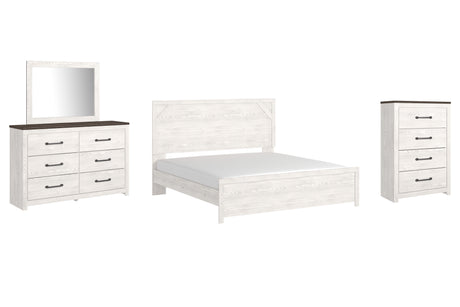 Gerridan King Panel Bed with Mirrored Dresser and Chest in White/Gray from Ashley - Luna Furniture
