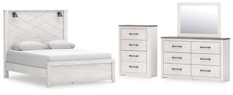 Gerridan Queen Panel Bed with Mirrored Dresser and Chest in White/Gray from Ashley - Luna Furniture