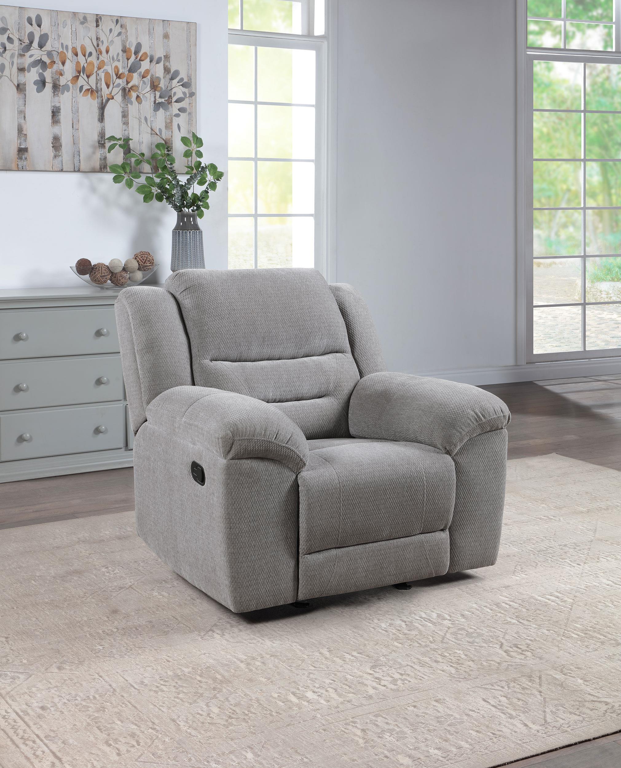 Coaster Gilson Gray Chenille Glider Recliner Chair – Luna Furniture