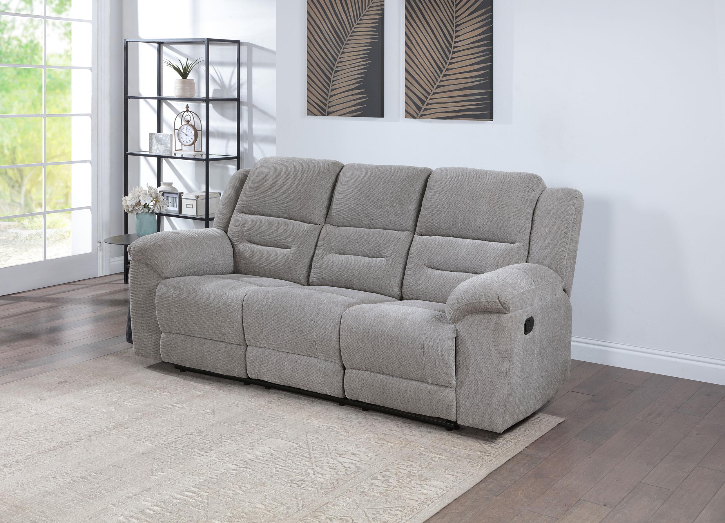 Coaster Gilson Gray Chenille Upholstered Reclining Sofa – Luna