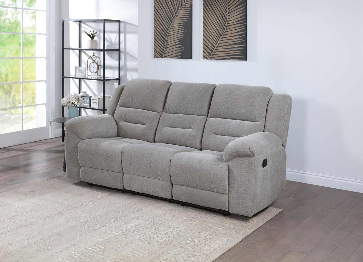 Gilson Gray Chenille Upholstered Reclining Sofa from Coaster - Luna Furniture