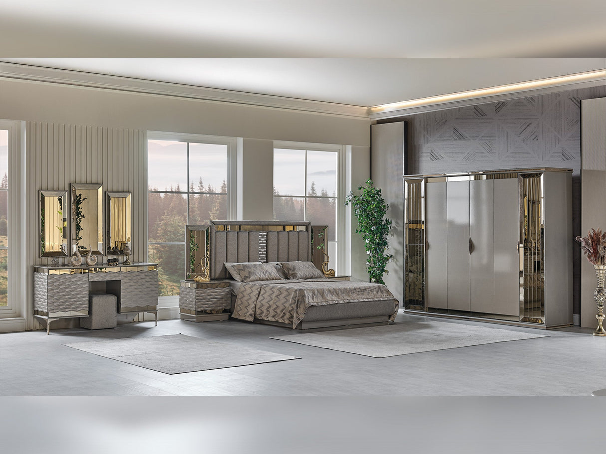 Gokce Bedroom (Queen Frame With Headboard & Dresser With Mirror & Ottoman & 2 Nightstand) from Furnia - Luna Furniture