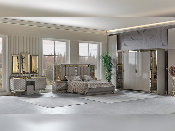 Gokce Bedroom (Queen Frame With Headboard & Dresser With Mirror & Ottoman & 2 Nightstand)