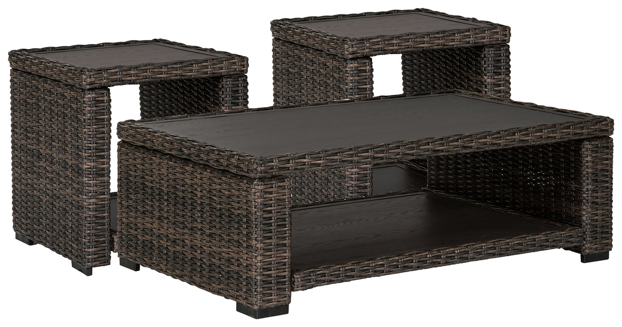 Grasson Lane Outdoor Coffee Table with 2 End Tables in Brown from Ashley Furniture - Luna Furniture