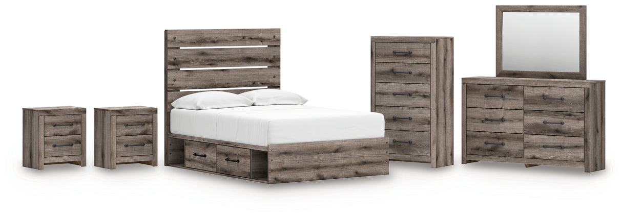 Graystorm Full Panel Bed with Storage with Mirrored Dresser, Chest and 2 Nightstands in Brown Gray from Ashley Furniture - Luna Furniture