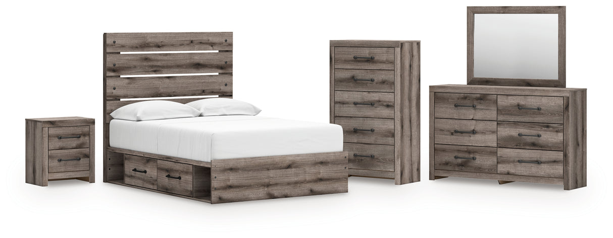 Graystorm Full Panel Bed with Storage with Mirrored Dresser, Chest and Nightstand in Brown Gray from Ashley Furniture - Luna Furniture