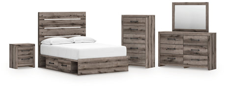 Graystorm Full Panel Bed with Storage with Mirrored Dresser, Chest and Nightstand in Brown Gray from Ashley - Luna Furniture