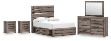 Graystorm Full Panel Bed with Storage with Mirrored Dresser and 2 Nightstands in Brown Gray from Ashley - Luna Furniture
