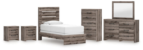 Graystorm Twin Panel Bed with Mirrored Dresser, Chest and 2 Nightstands in Brown Gray from Ashley - Luna Furniture