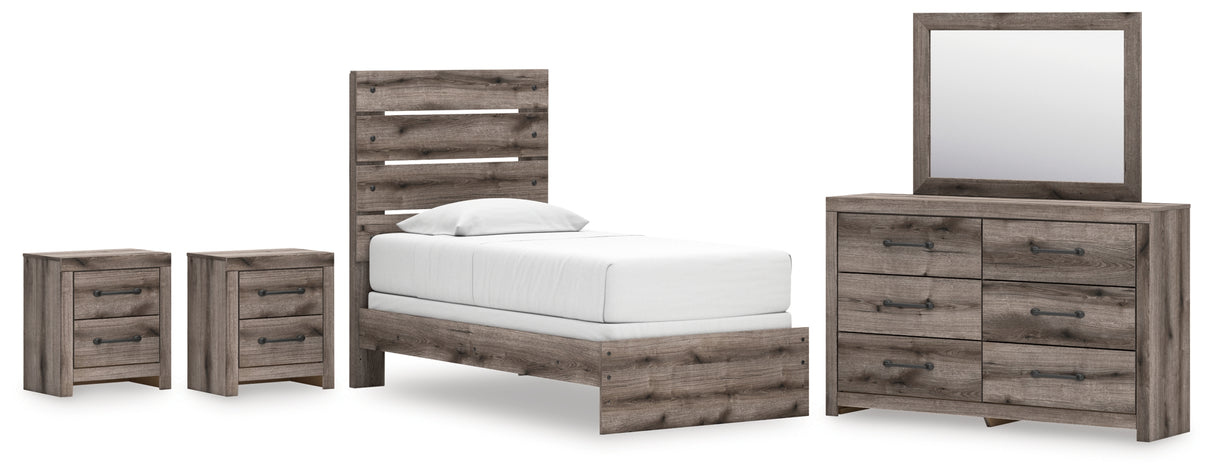 Graystorm Twin Panel Bed with Mirrored Dresser and 2 Nightstands in Brown Gray from Ashley - Luna Furniture