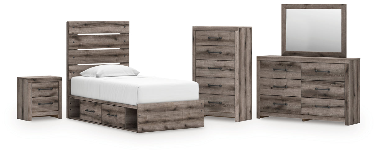 Graystorm Twin Panel Bed with Storage with Mirrored Dresser, Chest and Nightstand in Brown Gray from Ashley Furniture - Luna Furniture