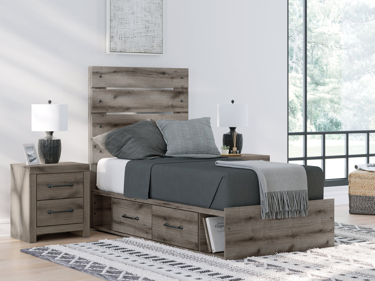 Graystorm Twin Panel Bed with Storage with Mirrored Dresser and 2 Nightstands in Brown Gray from Ashley - Luna Furniture