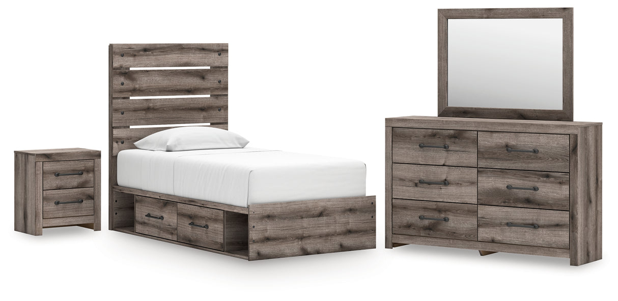 Graystorm Twin Panel Bed with Storage with Mirrored Dresser and Nightstand in Brown Gray from Ashley - Luna Furniture
