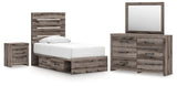 Graystorm Twin Panel Bed with Storage with Mirrored Dresser and Nightstand in Brown Gray from Ashley - Luna Furniture