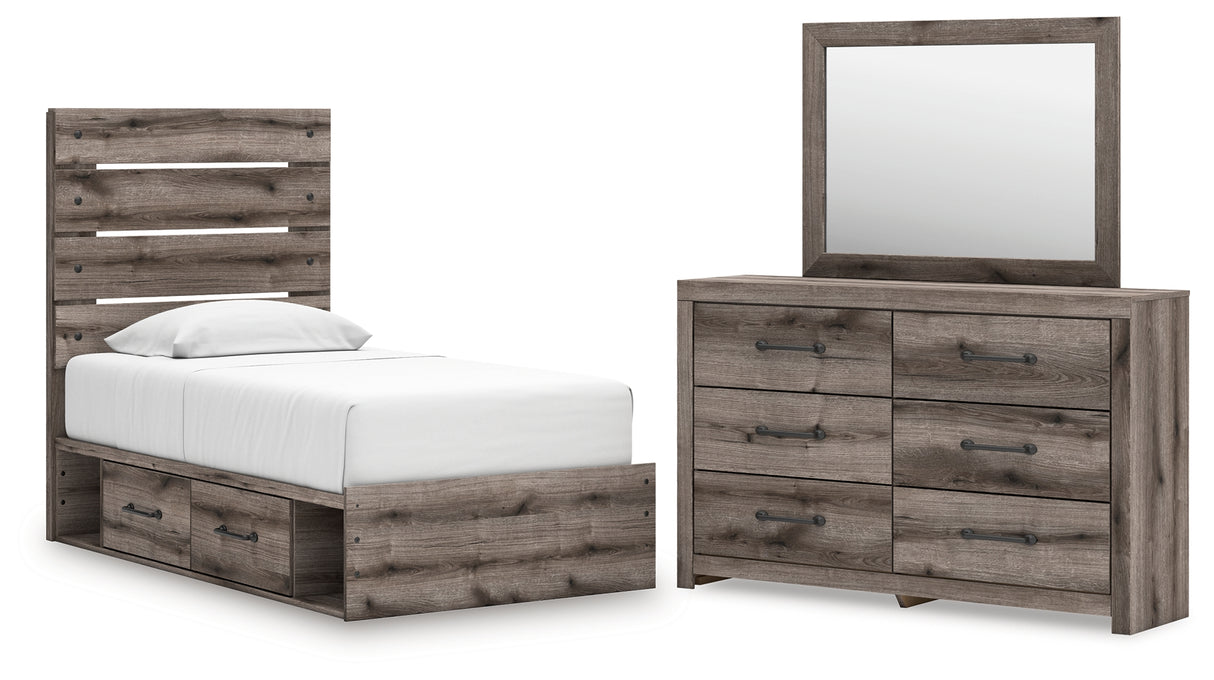 Graystorm Twin Panel Bed with Storage with Mirrored Dresser in Brown Gray from Ashley - Luna Furniture