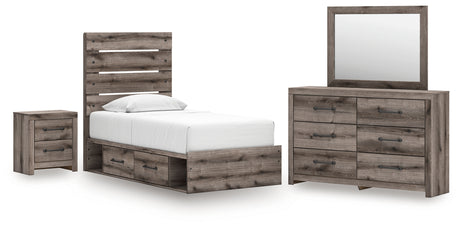 Graystorm Twin Panel Storage Bed with Mirrored Dresser and Nightstand in Brown Gray from Ashley - Luna Furniture