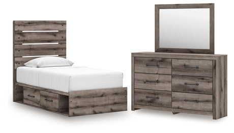 Graystorm Twin Panel Storage Bed with Mirrored Dresser in Brown Gray from Ashley - Luna Furniture