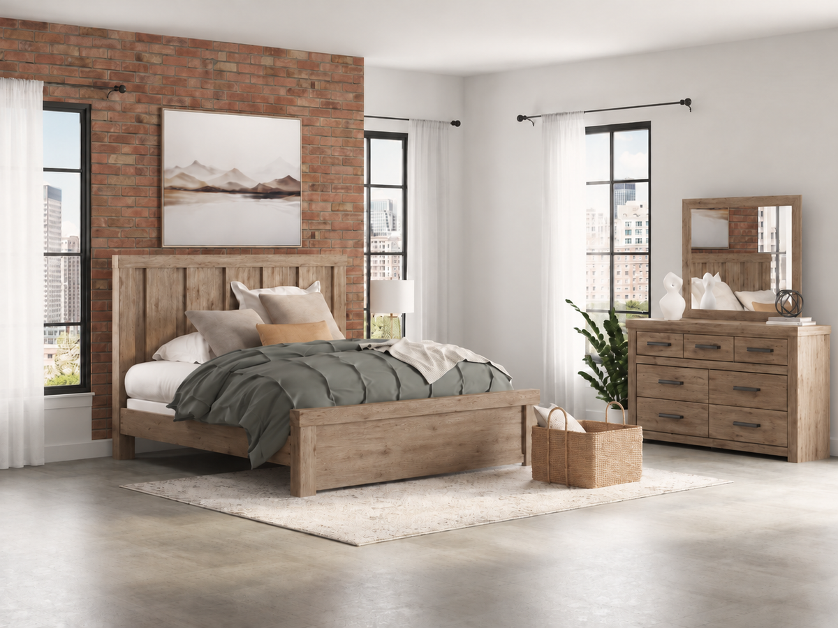 Oliandon Light Brown King Panel Bed, Dresser and Mirror