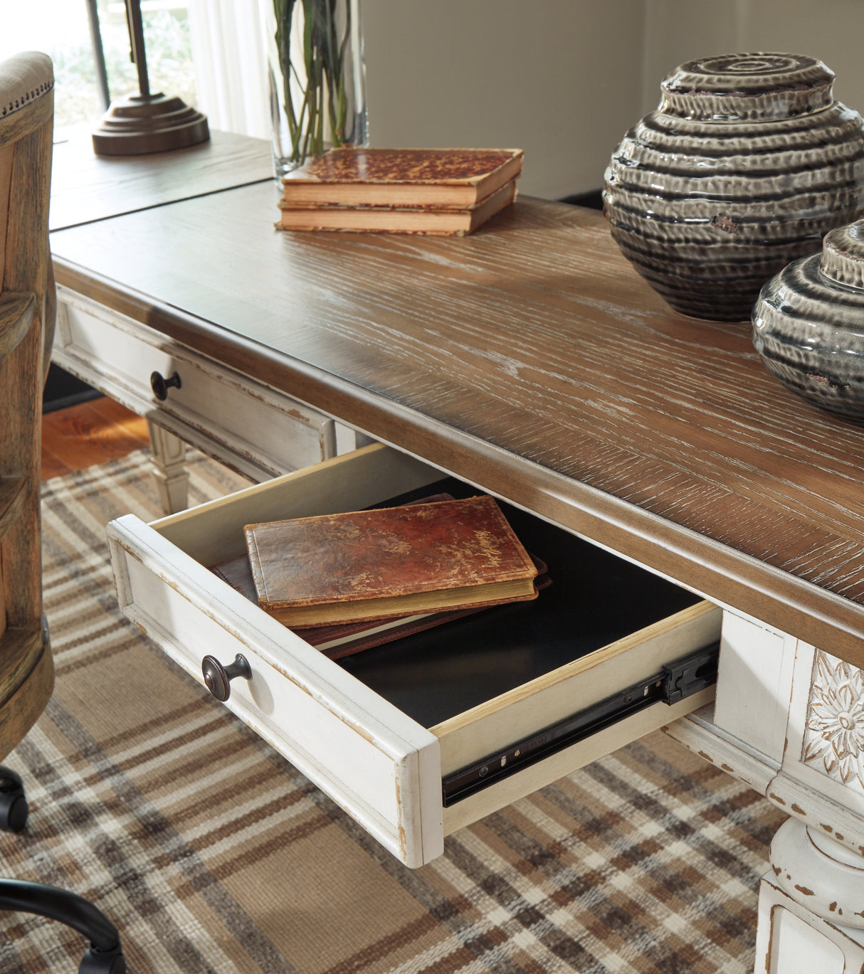 Realyn White/Brown 2-Piece Home Office Lift Top Desk from Ashley Furniture - Luna Furniture