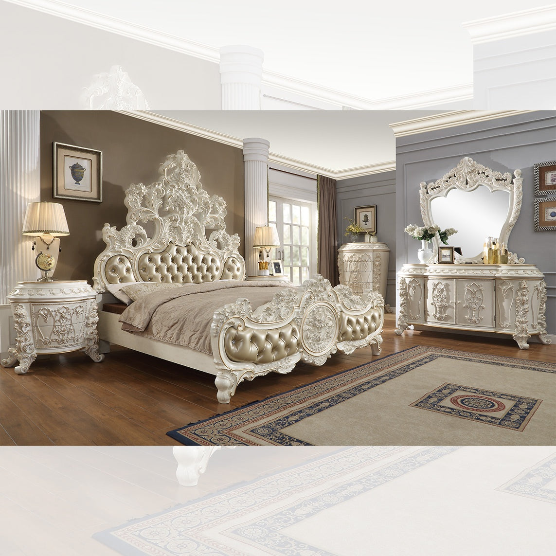 HD-1806 Antique White/Gold Brush Highlights 5-Piece Bedroom Set from Homey Design - Luna Furniture