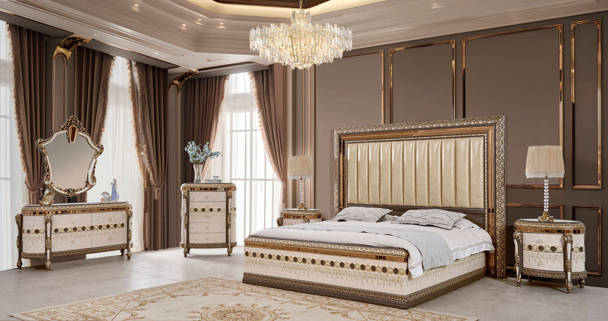 HD-9017 Marbled Ivory/Dark Gray/Gold Highlighting 4-Piece Bedroom Set from Homey Design - Luna Furniture