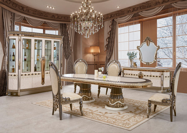 HD-9017 Marbled Ivory/Dark Gray/Gold Highlighting 7-Piece Dining Set