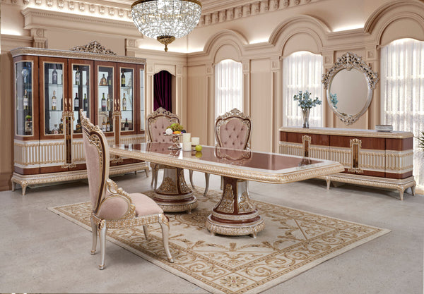HD-9021 Antique Ivory/Cherry Inset/Gold Trim 7-Piece Dining Set