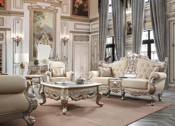 HD-91633 Metallic Silver/Antique Gold Highlights 3-Piece French Salon Living Room Set