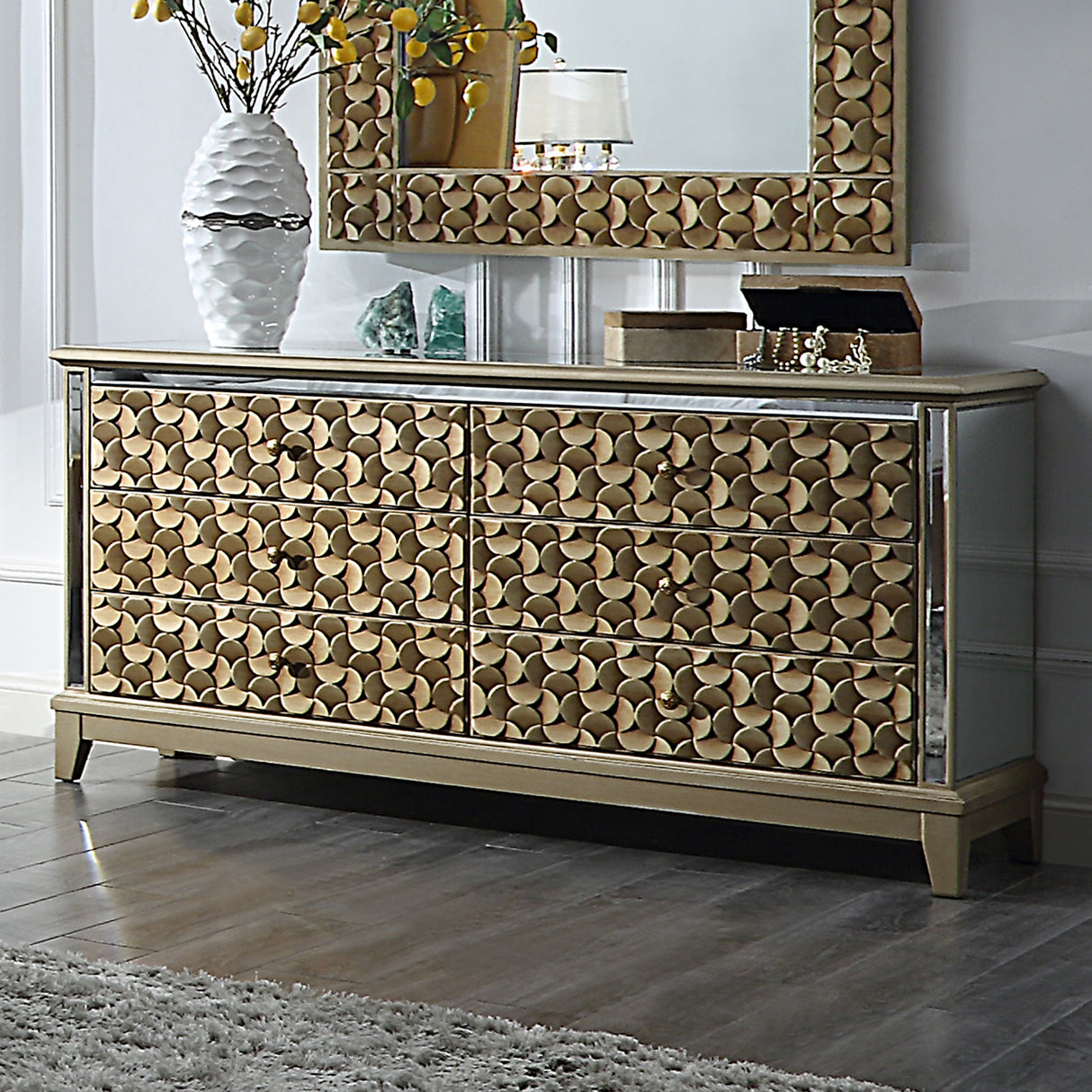 HD-6065 Antique Gold/Mirror 5-Piece Bedroom Set from Homey Design - Luna Furniture