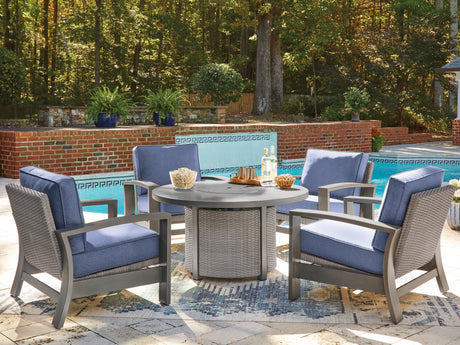 Half Moon Beach Outdoor Fire Pit Table and 4 Chairs in Gray from Ashley - Luna Furniture