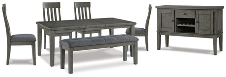 Hallanden Gray Dining Table, 4 Chairs, and Bench with Server from Ashley - Luna Furniture