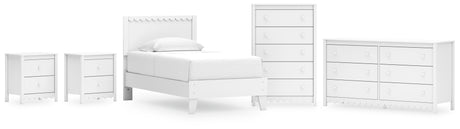 Hallityn Twin Panel Platform Bed with Dresser, Chest and 2 Nightstands in White from Ashley - Luna Furniture