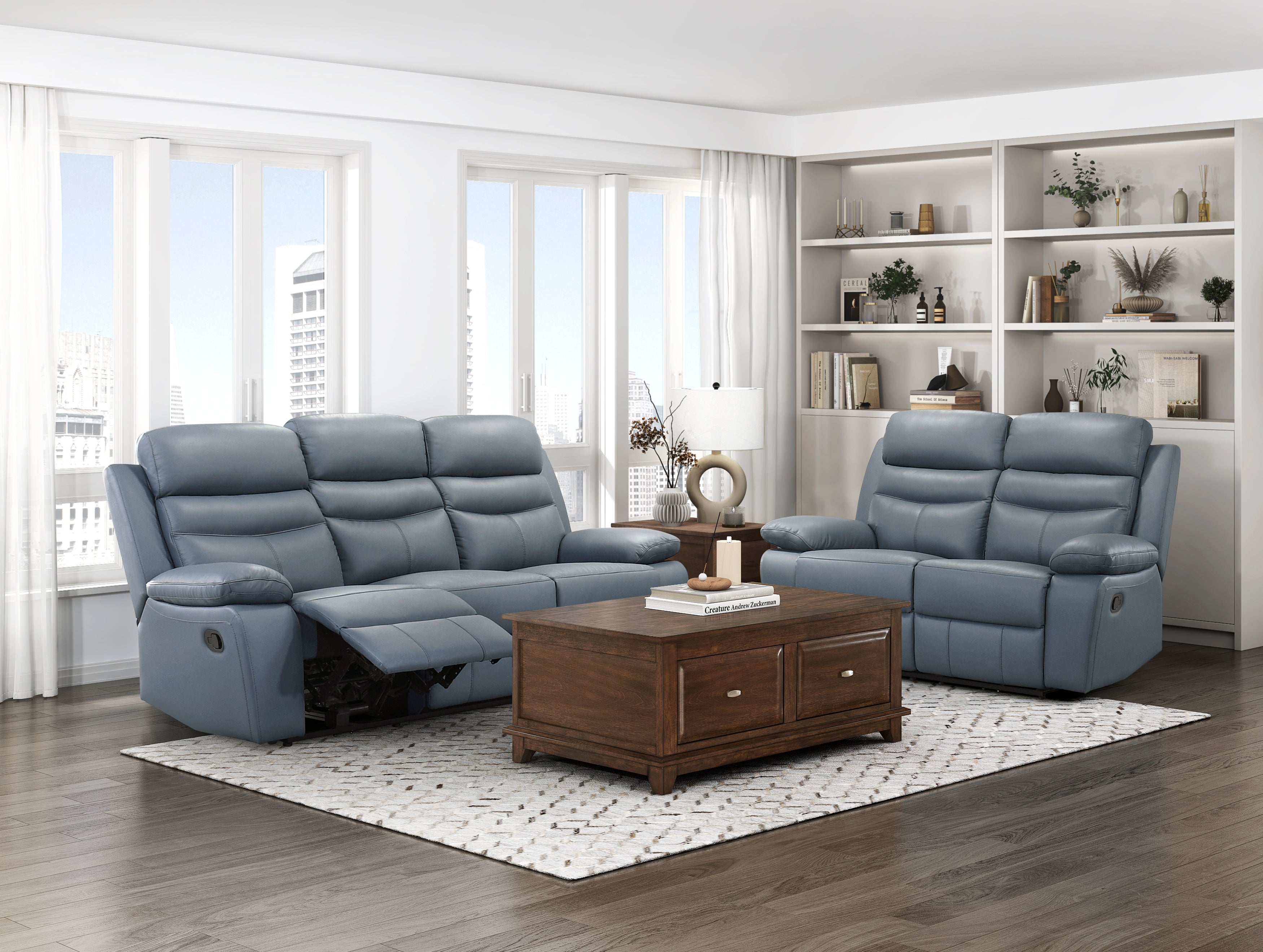 Homelegance Hancock Blue Leather Double Reclining Living Room Set