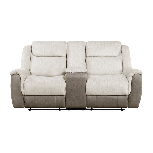 Harriette Beige/Brown Double Reclining Loveseat with Center Console