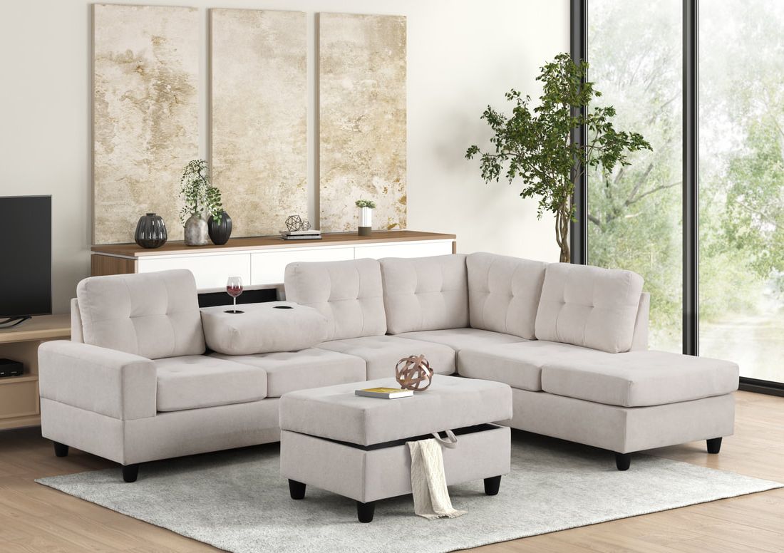 Heights Beige Performans Fabric Reversible Sectional with Storage Ottoman from Happy Homes - Luna Furniture