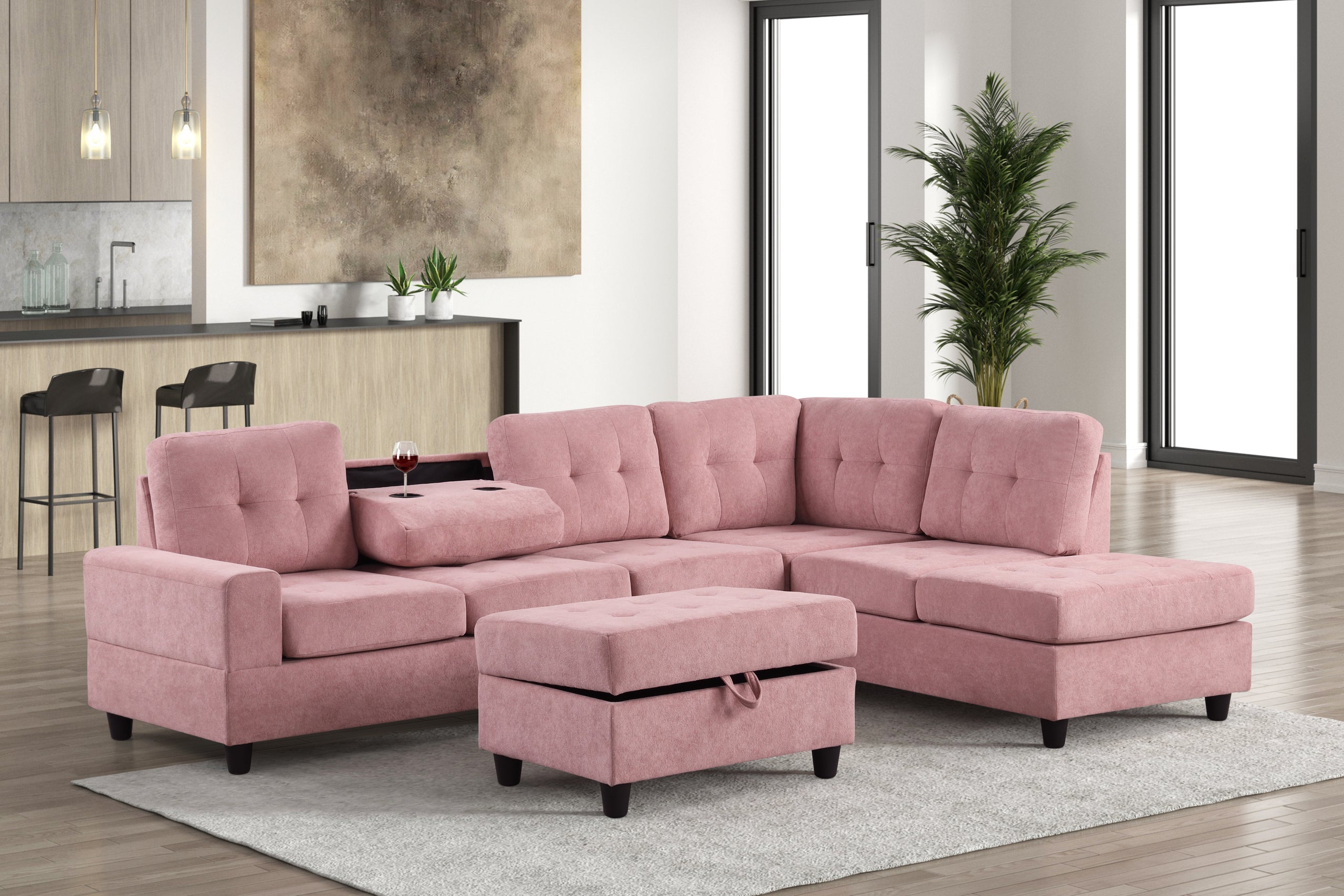 Heights Pink Performans Fabric Reversible Sectional with Storage