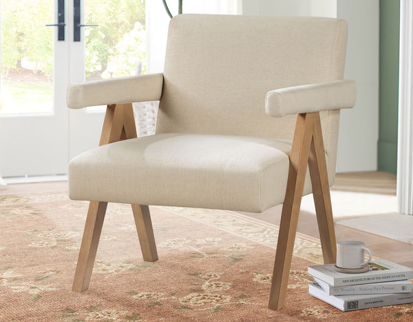 Helen Cream Fabric with Light Chestnut Wood Finish Accent Chair