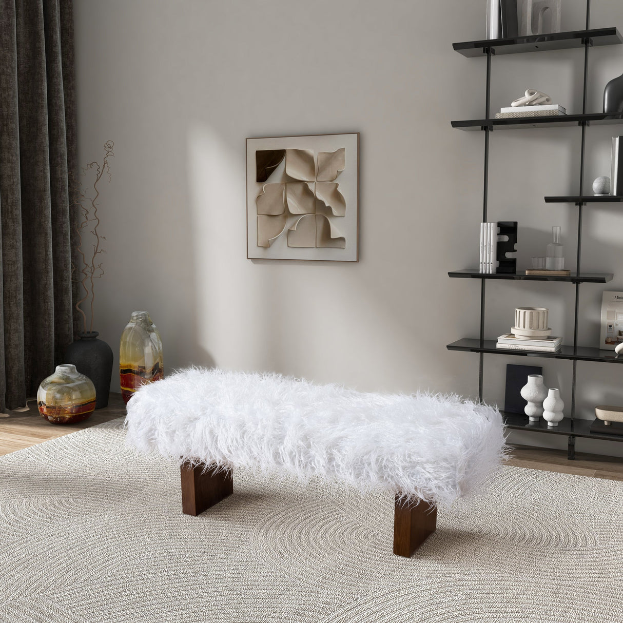 Henley White Khaki Fur Bench from Midinmod - Luna Furniture
