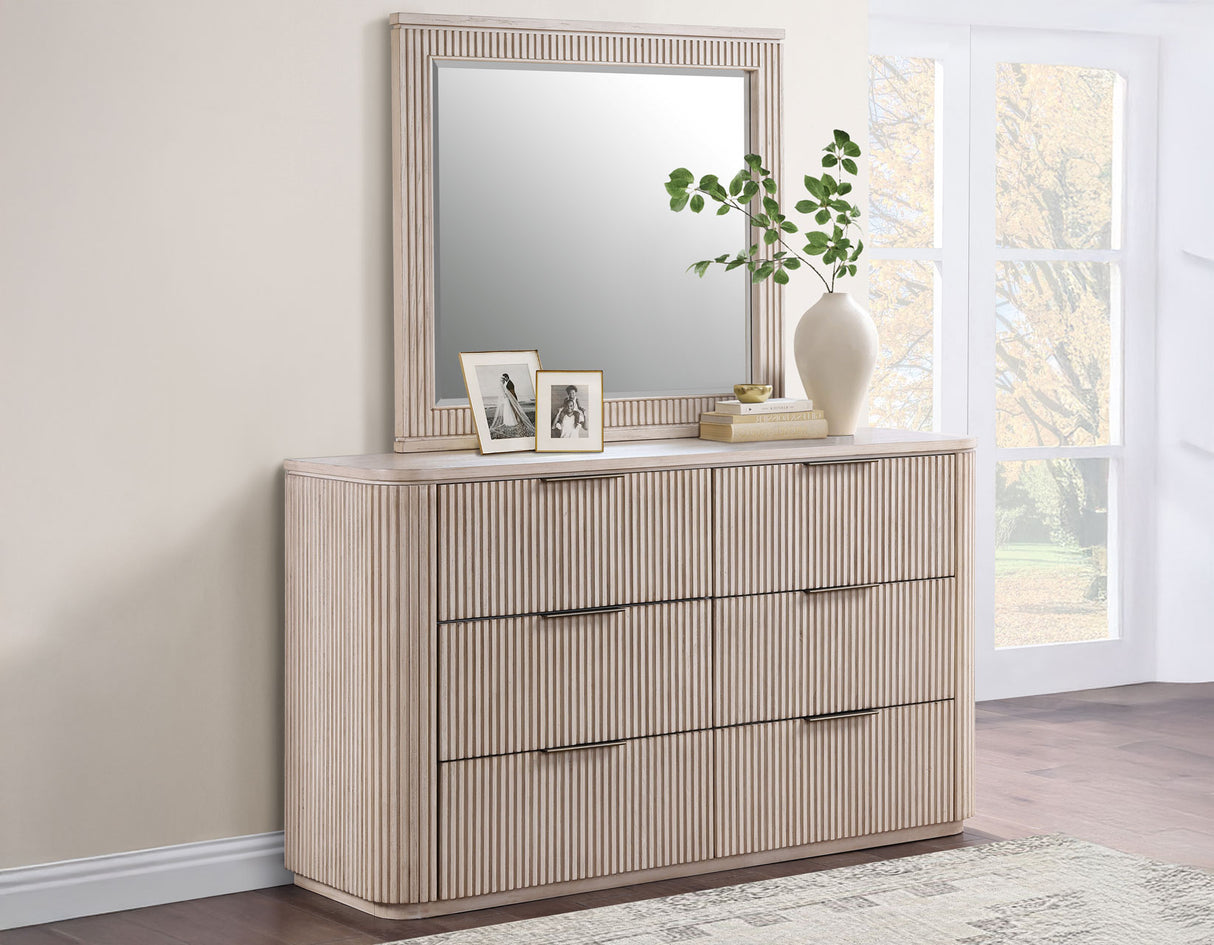 Henry 65″ 6-Drawer Reeded Dresser and Mirror, Tan Finish
