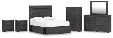 Hollivern Full Panel Bed with Storage with Mirrored Dresser, Chest and 2 Nightstands in Dark Gray from Ashley - Luna Furniture