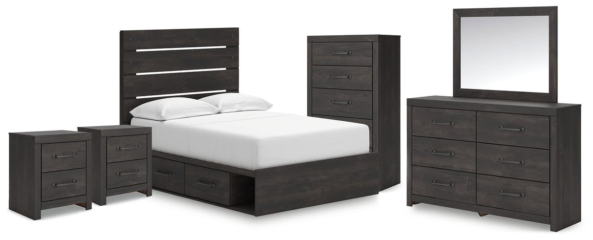 Hollivern Full Panel Bed with Storage with Mirrored Dresser, Chest and 2 Nightstands in Dark Gray from Ashley - Luna Furniture