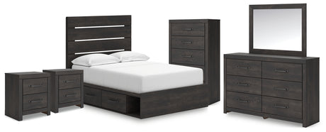 Hollivern Full Panel Bed with Storage with Mirrored Dresser, Chest and 2 Nightstands in Dark Gray from Ashley - Luna Furniture