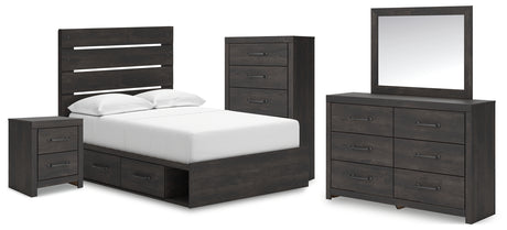 Hollivern Full Panel Bed with Storage with Mirrored Dresser, Chest and Nightstand in Dark Gray from Ashley - Luna Furniture
