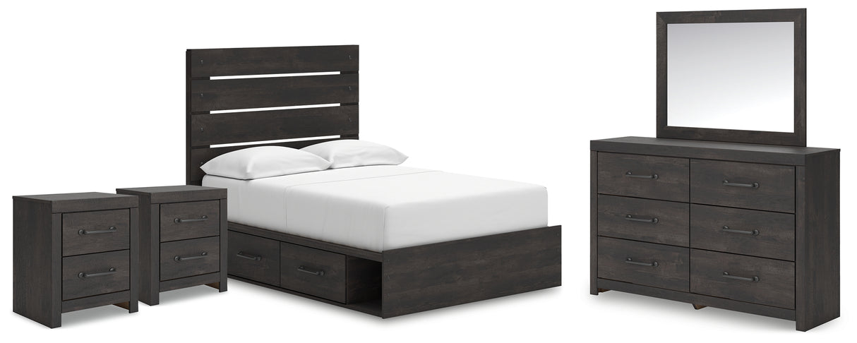 Hollivern Full Panel Bed with Storage with Mirrored Dresser and 2 Nightstands in Dark Gray from Ashley Furniture - Luna Furniture