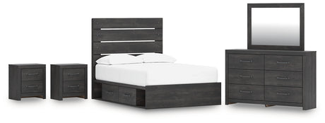 Hollivern Full Panel Bed with Storage with Mirrored Dresser and 2 Nightstands in Dark Gray from Ashley - Luna Furniture