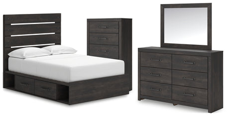 Hollivern Full Panel Bed with Storage with Mirrored Dresser and Chest in Dark Gray from Ashley - Luna Furniture